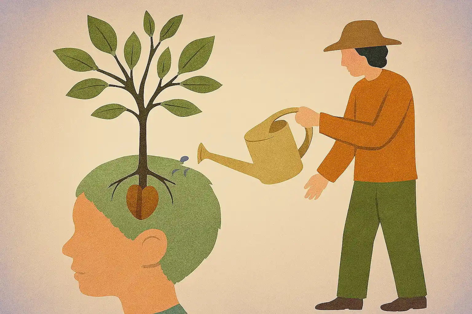 An artistic illustration of a small seed sprouting into a tree, symbolizing a child’s mind growing through education.
